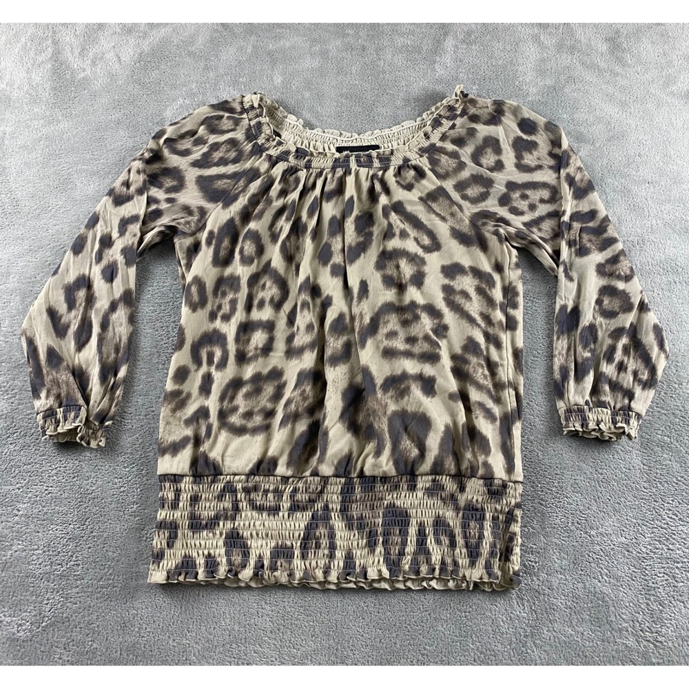 INC International Concepts Leopard Print Mesh Smocked Waist Blouse Tan Brown L